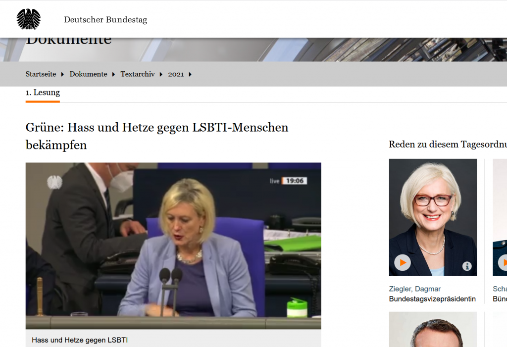 Screenshot Anhörung Antrag Bundestag zu Hass und Hetze gegen LGBTI